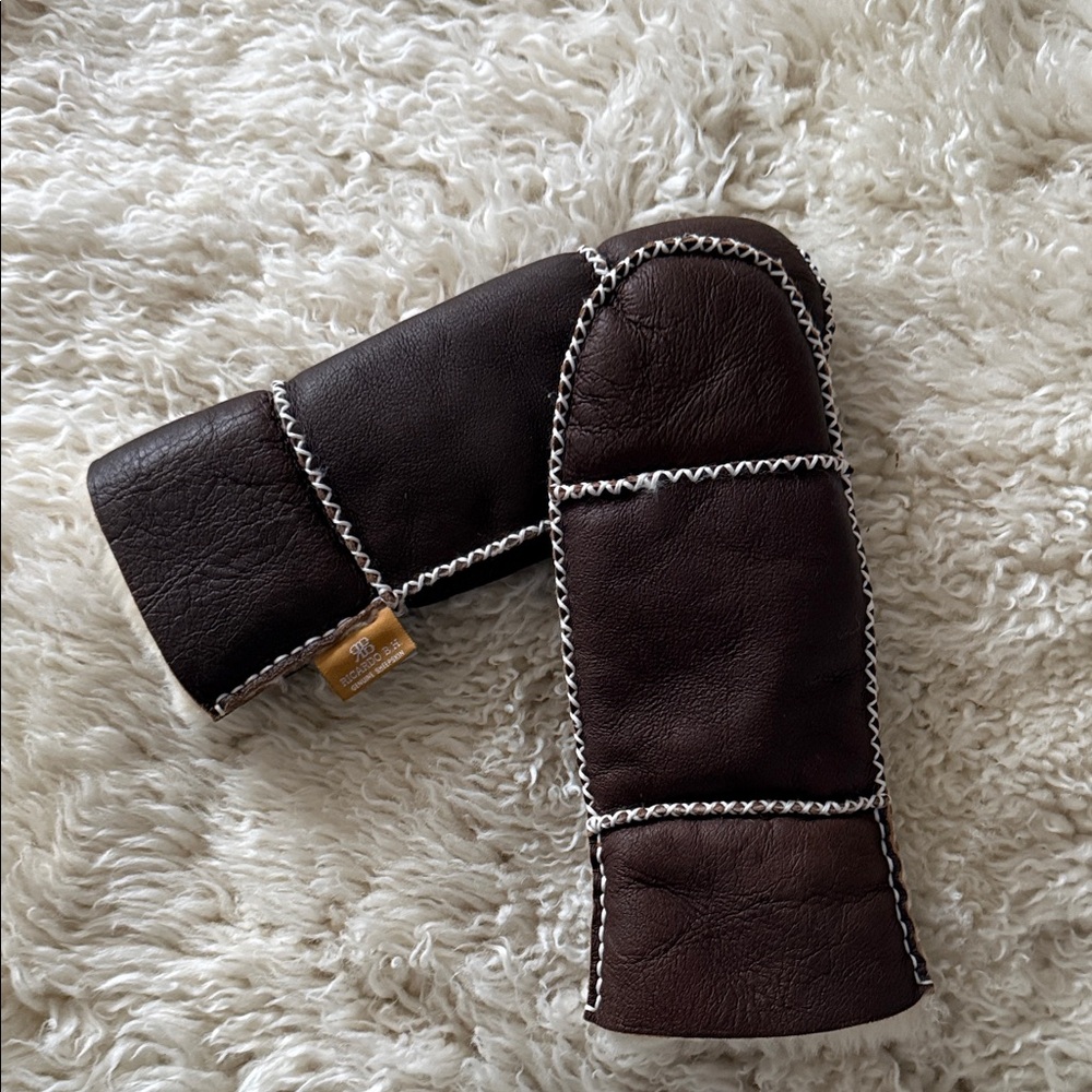 Brown Leather Mittens with White Stitching